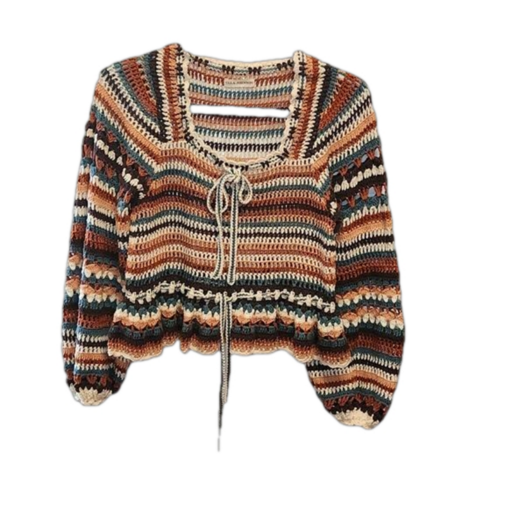 Ulla Johnson Constanza puff sleeves multicolor Striped Open Knit peplum top sz S
